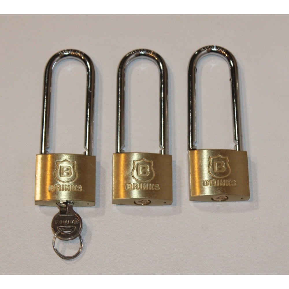 3 Brinks padlocks with key 40mm gold brass long shackle keyed alike set